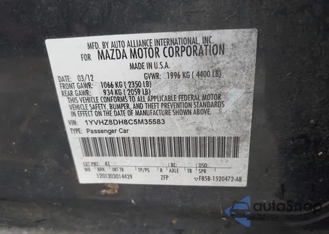 2012 Mazda 6 I from USA, damaged, VIN 1YVHZ8DH8C5M35583